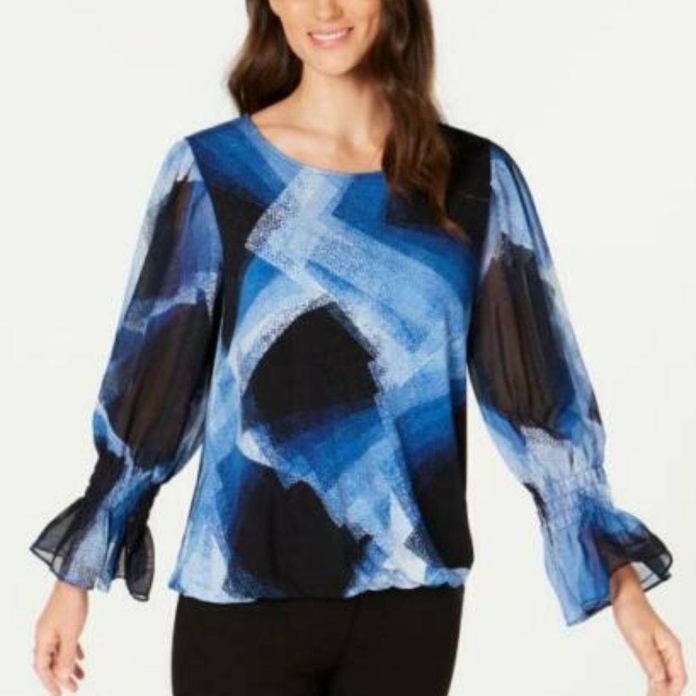 Alfani Printed Bubble Top Flared Cuffs Blouse